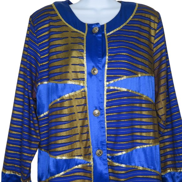 Vintage 70s Mod Coat Jacket L Blue Gold Mid Length Buttons Shoulder Pads Boho - Picture 3 of 15